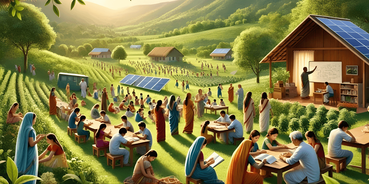 Sustainable community with people working, learning, and using solar energy, reflecting Subi Subramanian’s vision of holistic living.