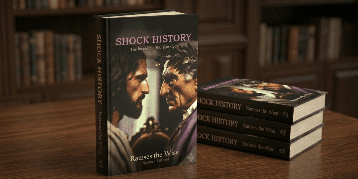 Book cover of *Shock History: The Incredible 300 Year Cycle* displayed on a wooden table in a library.
