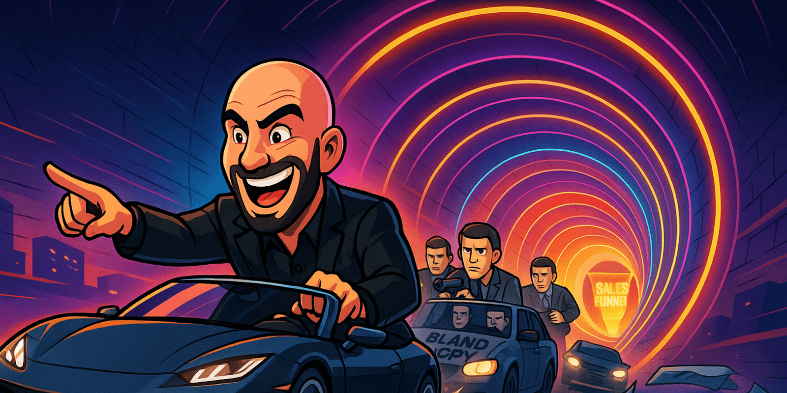 ChatGPT said: Cartoon of Mikey Sherratt speeding toward a glowing “Sales Funnel” while escaping agents in a “Bland Copy” car.