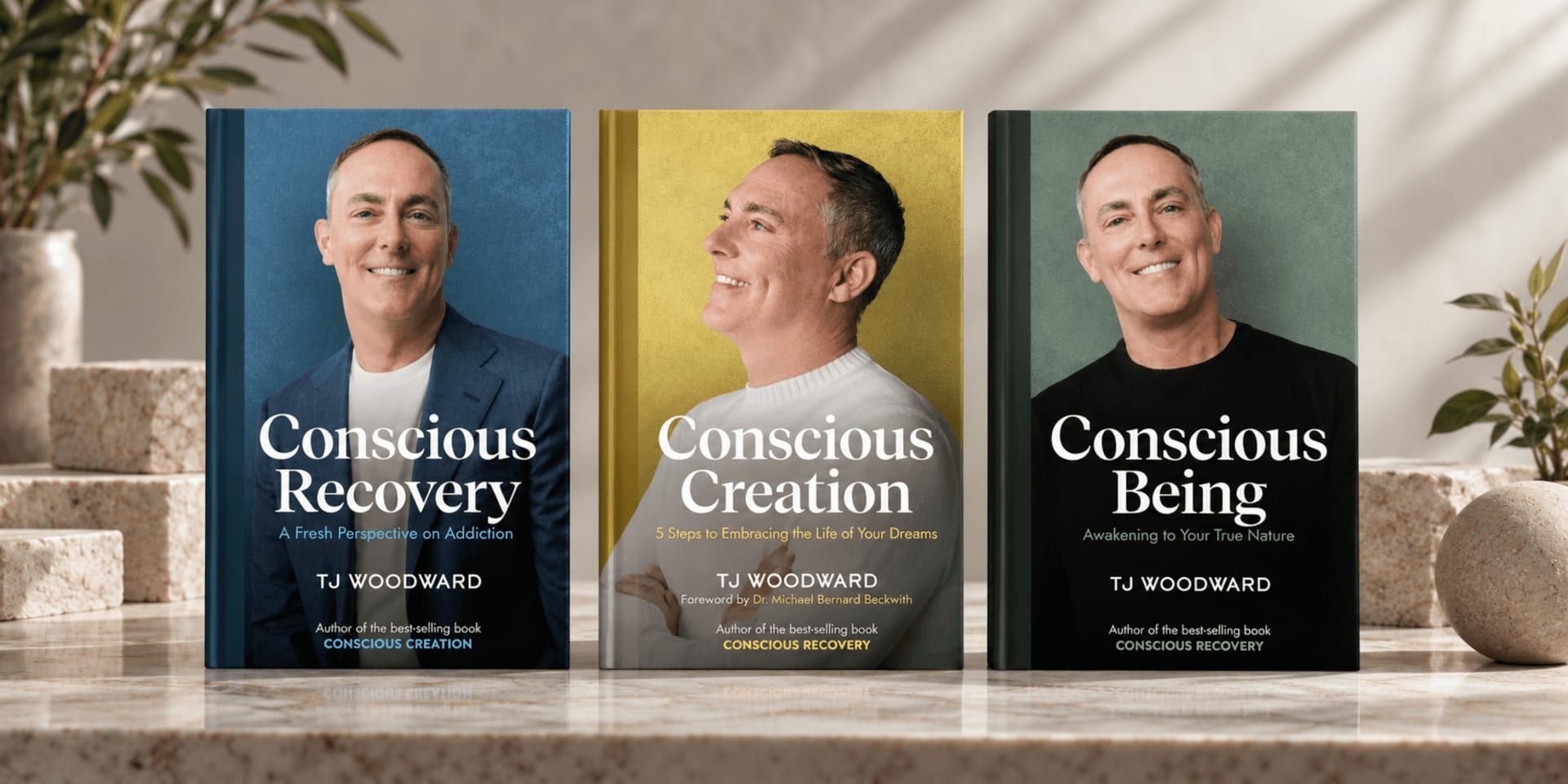 Three TJ Woodward books on Conscious Recovery, Conscious Creation, and Conscious Being displayed together.