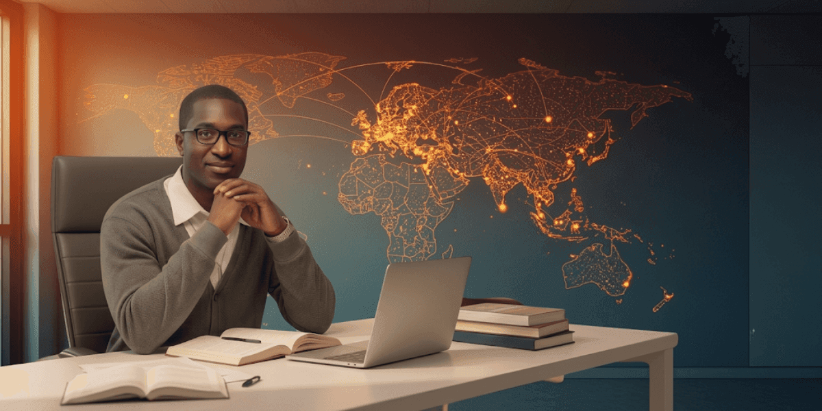 Jacob Laguerre seated at a desk with books and laptop before a glowing world map, representing language learning.
