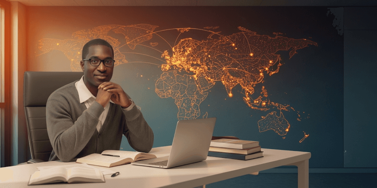 Jacob Laguerre seated at a desk with books and laptop before a glowing world map, representing language learning.