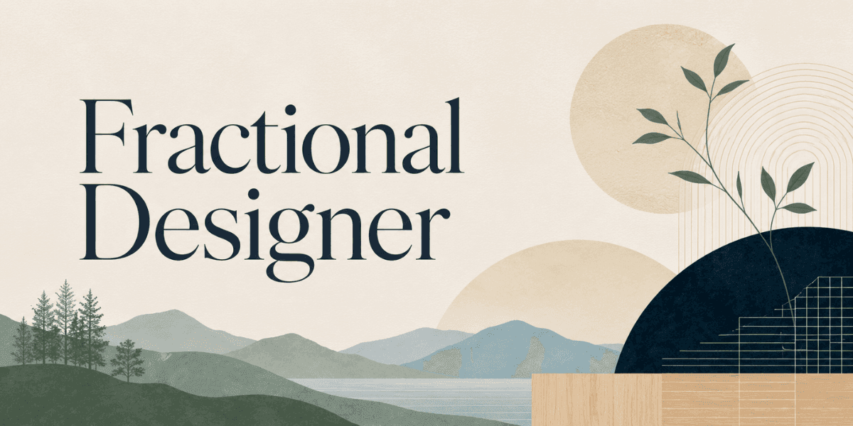 Fractional Designer branding graphic with abstract landscape, architectural elements, and nature-inspired design representing strategic creative leadership.
