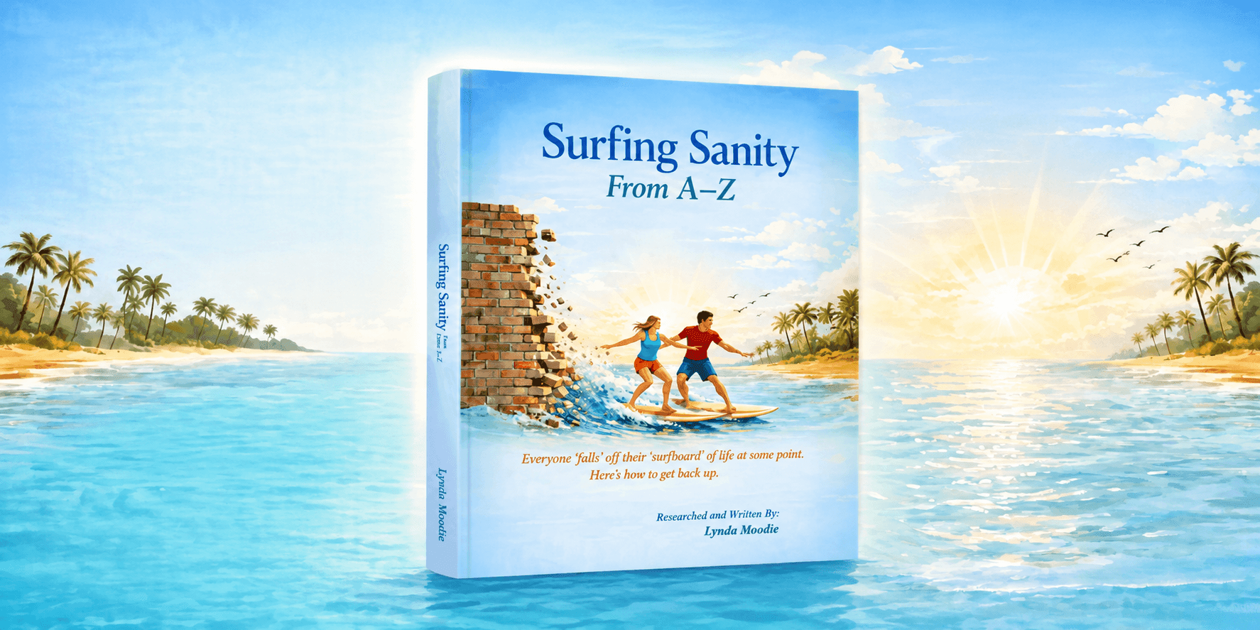 Surfing Sanity from A to Z by Lynda Moodie displayed against a bright tropical ocean and sunrise.