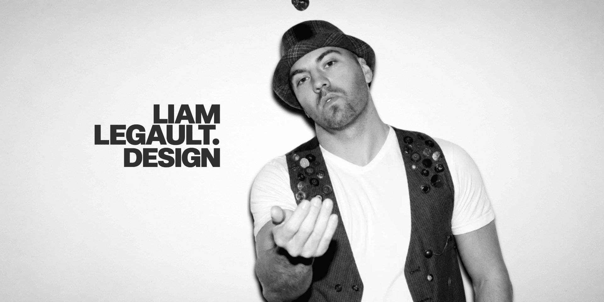 Black-and-white portrait of Liam Legault wearing a hat and vest, with the Liam Legault Design logo against a white background.