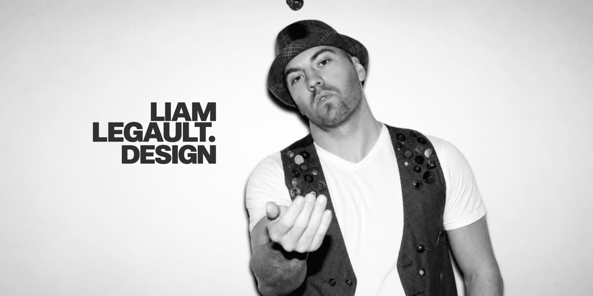 Black-and-white portrait of Liam Legault wearing a hat and vest, with the Liam Legault Design logo against a white background.