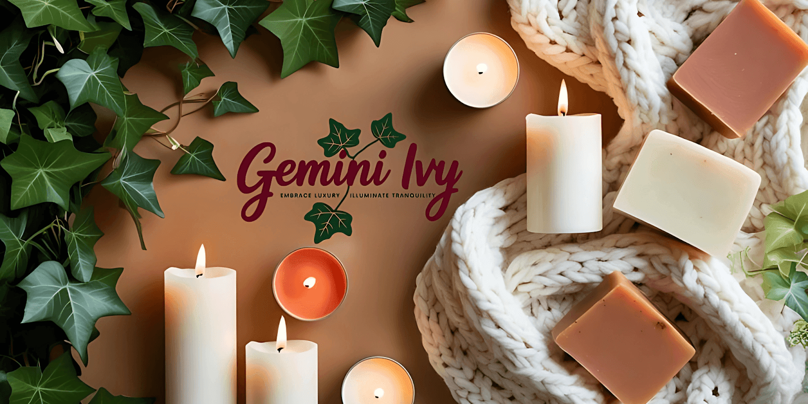 Lit candles, artisanal soaps, and ivy leaves beside Gemini Ivy branding on a cozy, neutral-toned background.