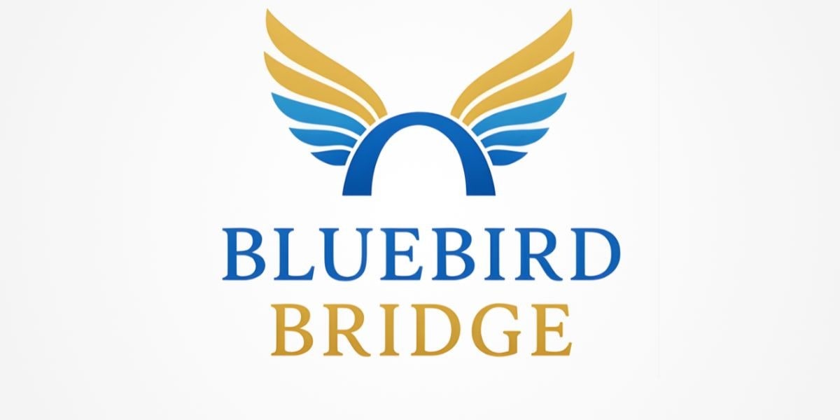 Bluebird Bridge logo with wings symbolizes the War on Nothing initiative, promoting peace through critical thinking and media literacy.