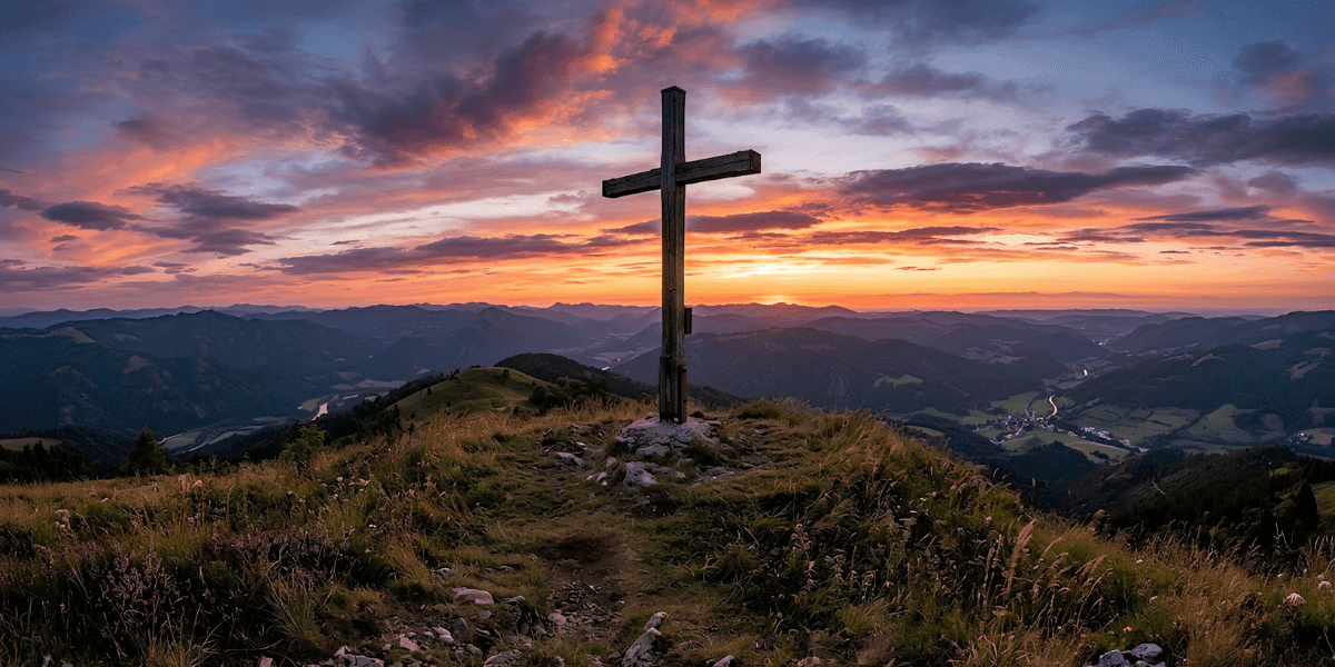 A silhouette of a cross on a mountain against a vibrant sunset, symbolizing faith and personal growth.