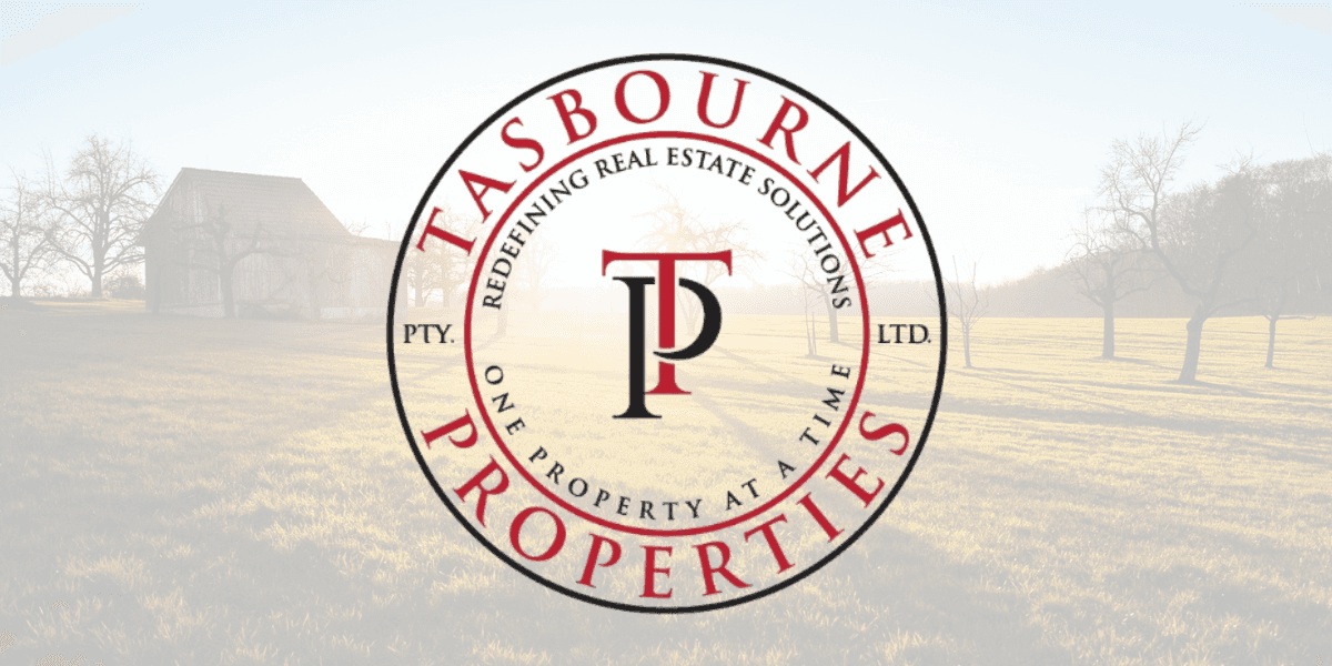 Tasbourne Properties logo over a rural landscape representing property project management and real estate solutions.