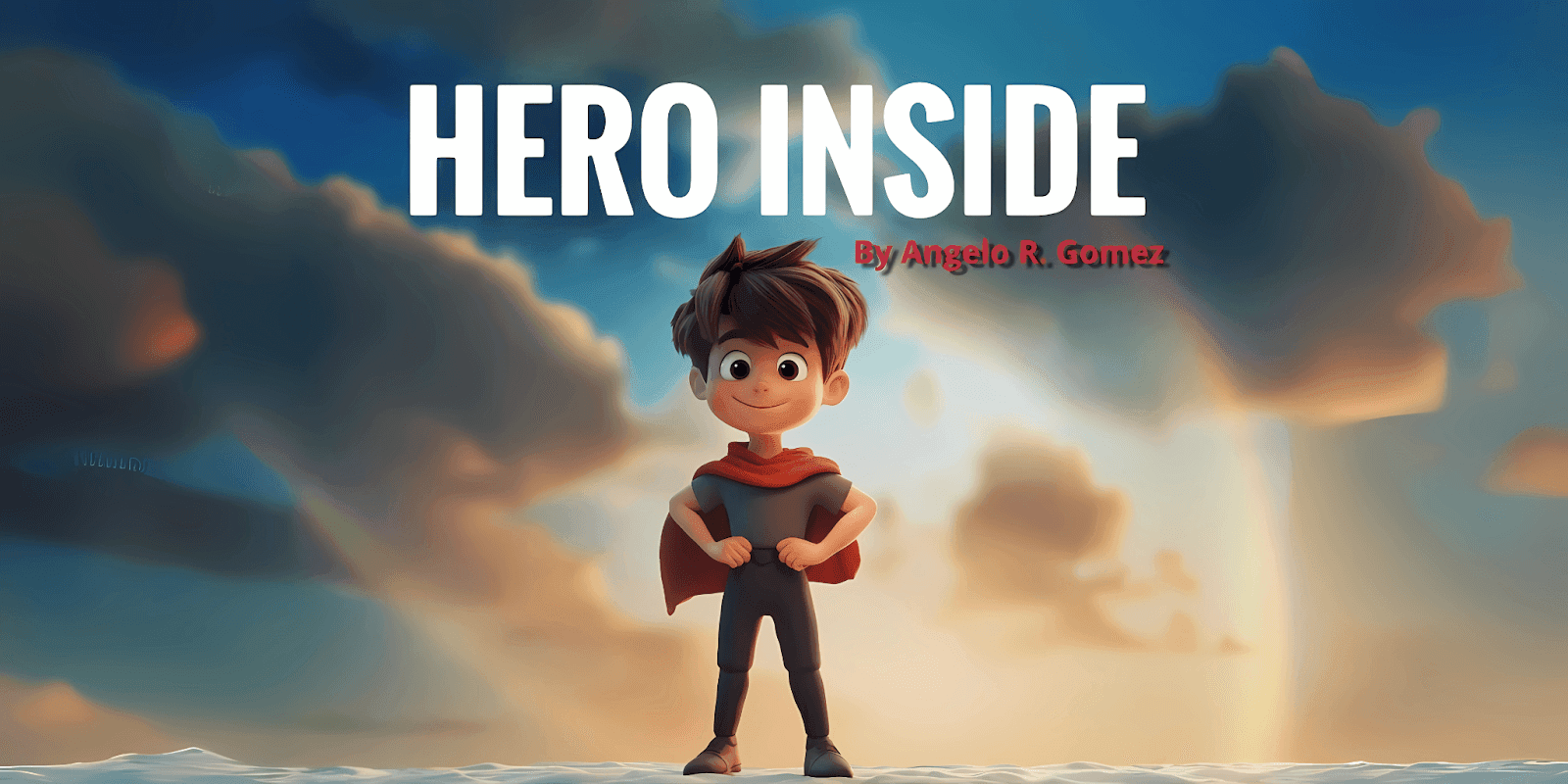 Animated boy in superhero cape stands confidently under dramatic sky with “Hero Inside” title above.