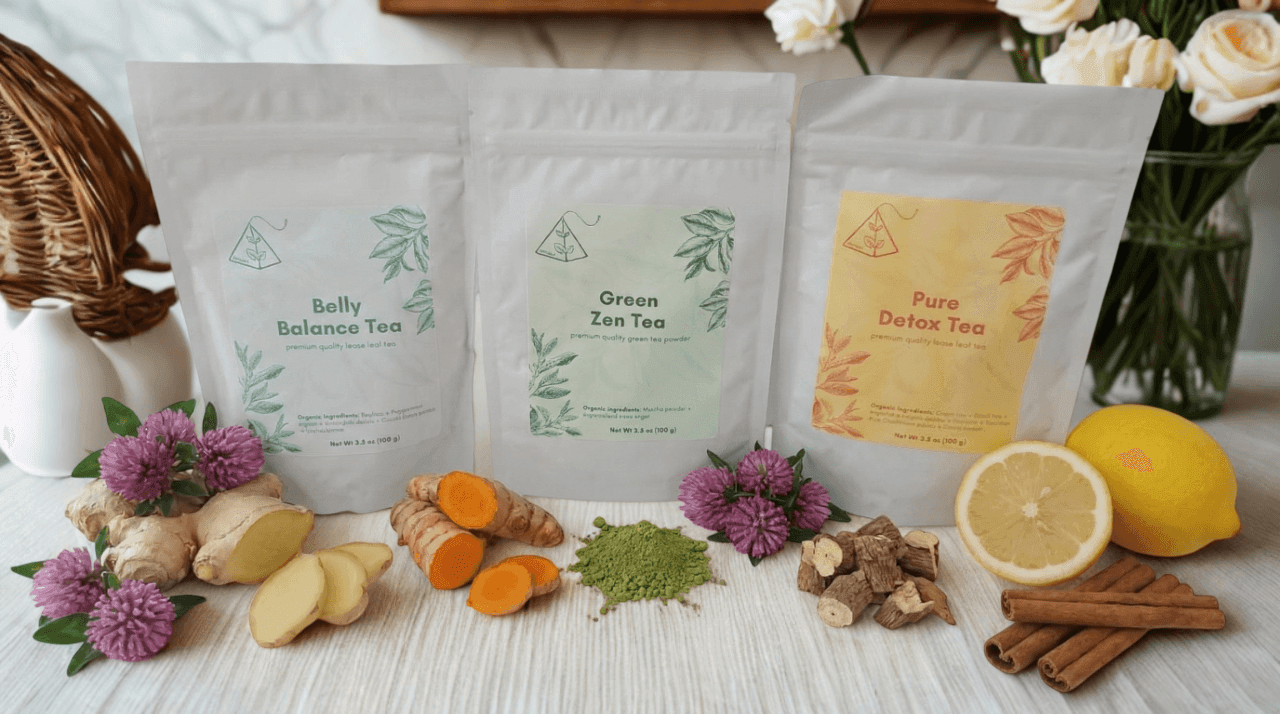 Three Avodah tea pouches with herbs, lemon, and spices displayed, representing wellness-focused tea bundles for holistic self-care.