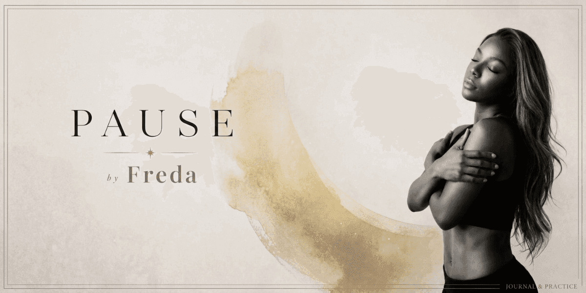 Promotional graphic for “Pause by Freda” featuring Freda in a serene pose beside the journal branding.