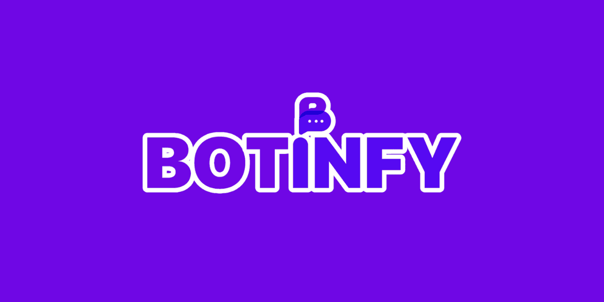 Logo of Botinify featuring bold white text on a purple background. The 'B' is stylized with a speech bubble, and the logo reads 'BOTINIFY' in a modern and clean font, emphasizing the chatbot service branding.