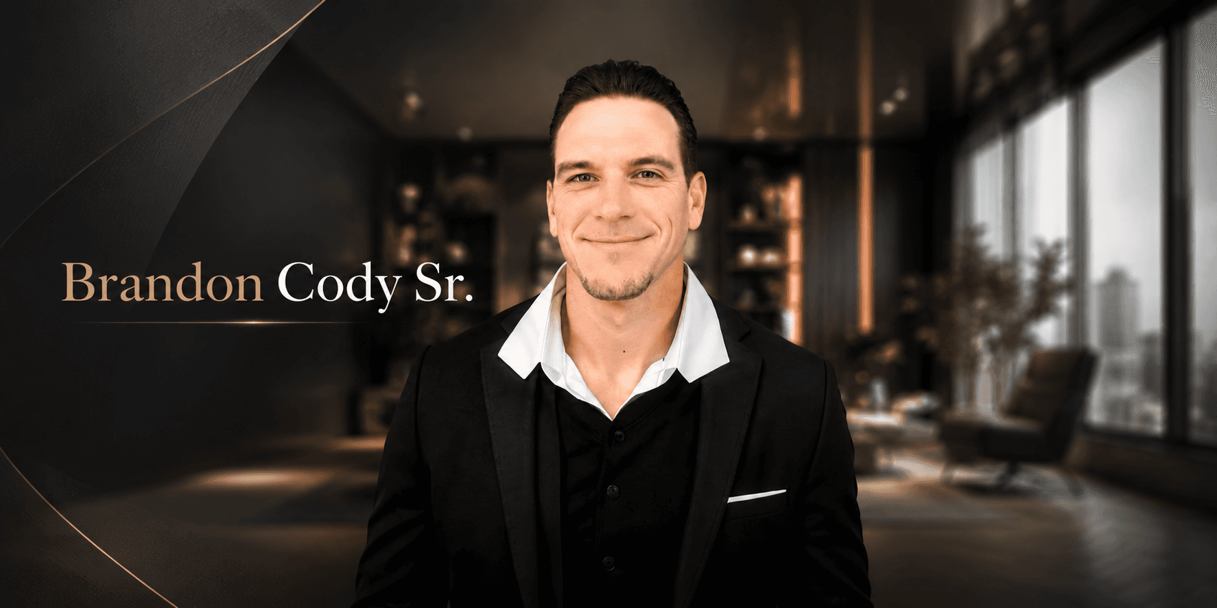 Brandon Cody Sr. smiling in a professional office setting, wearing a black suit, representing property maintenance leadership.