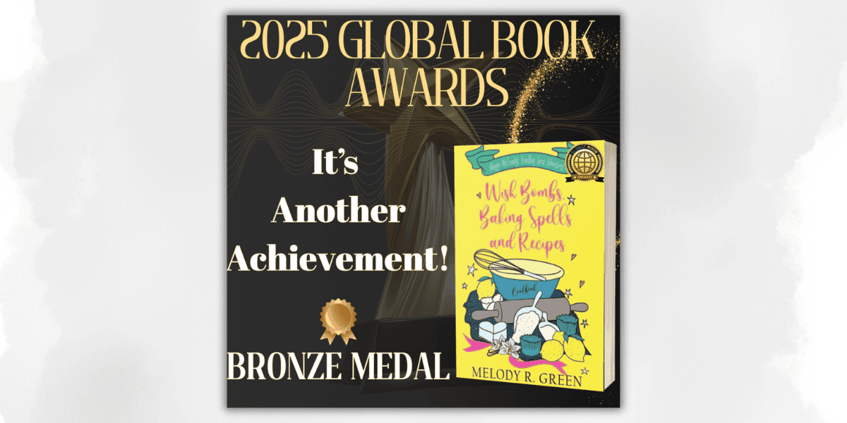 Book cover of *Wish Bombs, Baking Spells and Recipes* with “2025 Global Book Awards Bronze Medal” announcement.