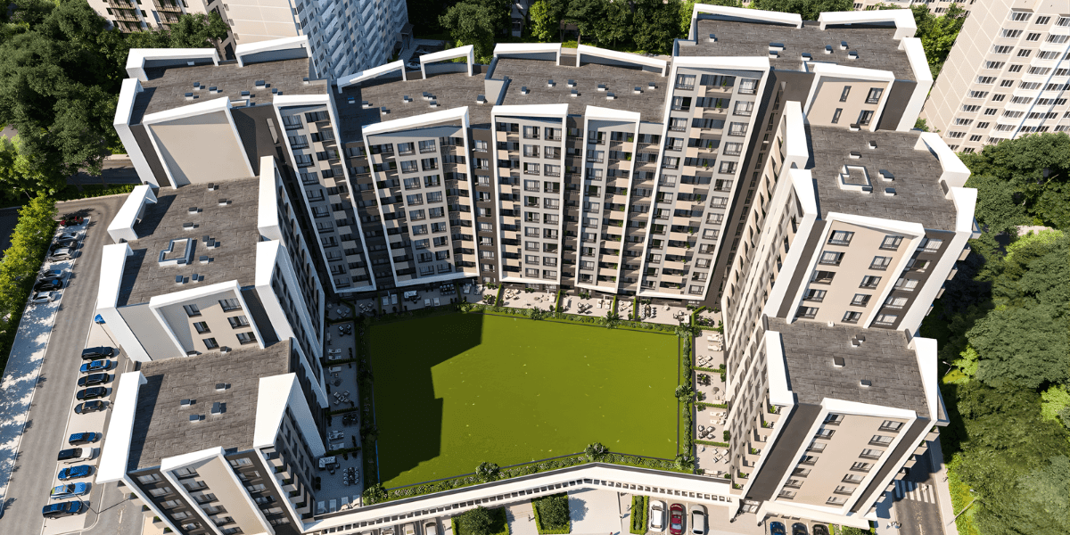 Aerial view of a modern residential development by TV Property Ltd., showcasing elegant architecture and green spaces.