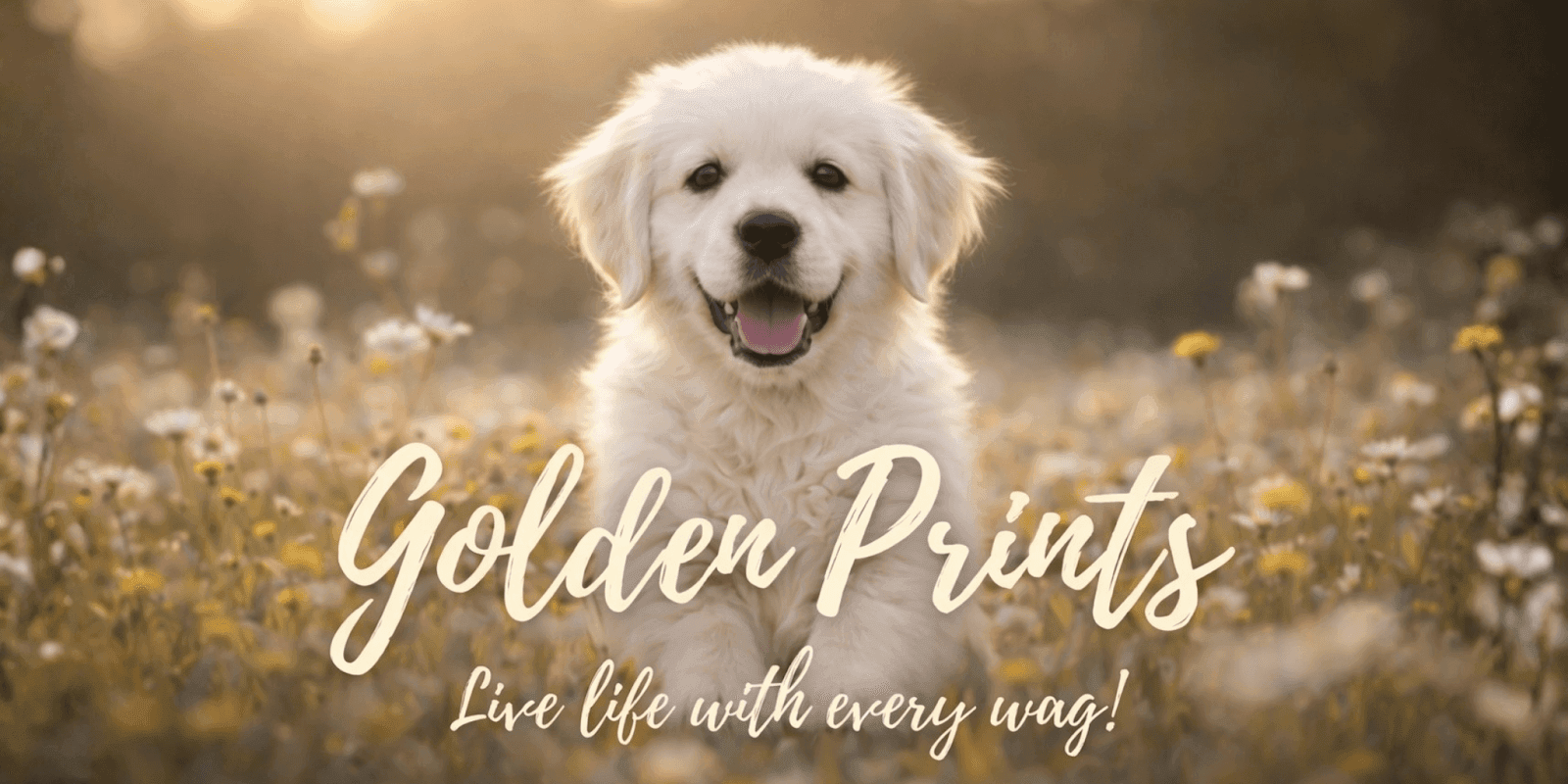 Golden Retriever puppy surrounded by flowers with text 'Golden Prints: Live life with every wag!