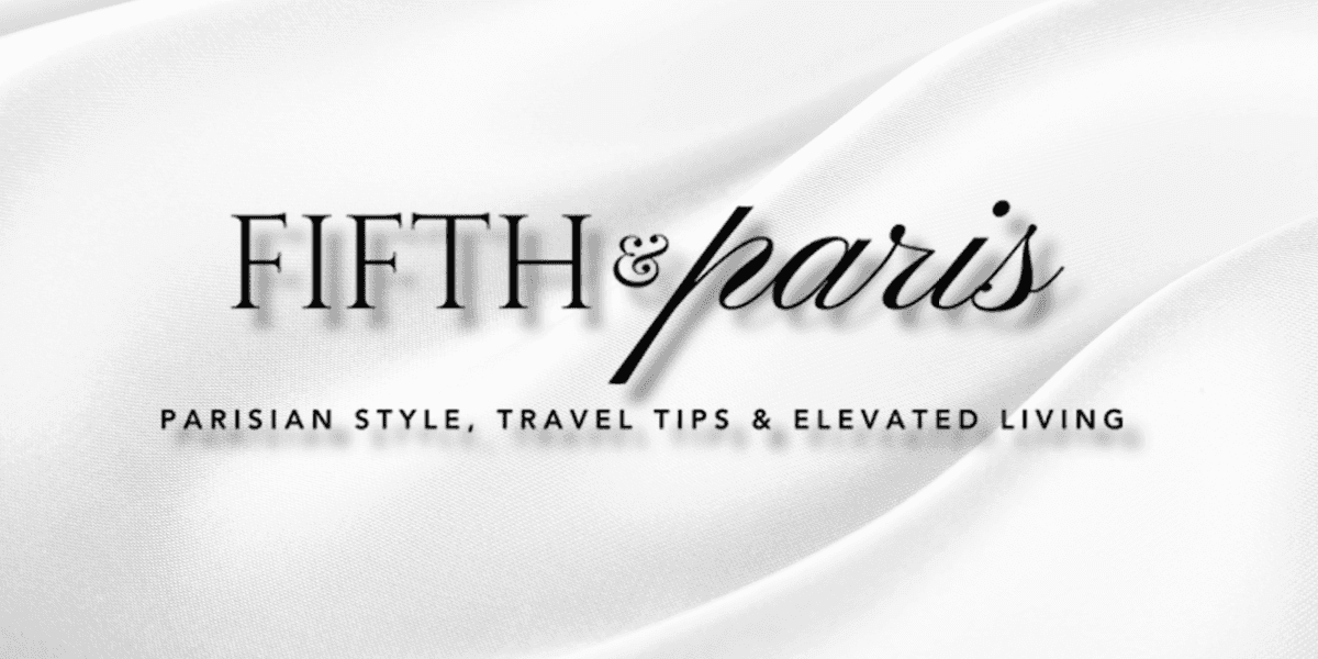 Fifth & Paris logo on white silk background, representing Parisian style, travel tips, and elevated living for women 40+.