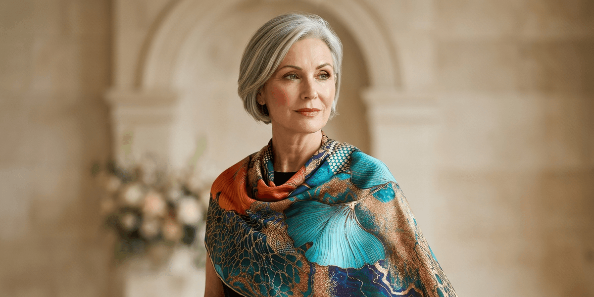 Person wearing a colorful patterned scarf in an elegant indoor setting.