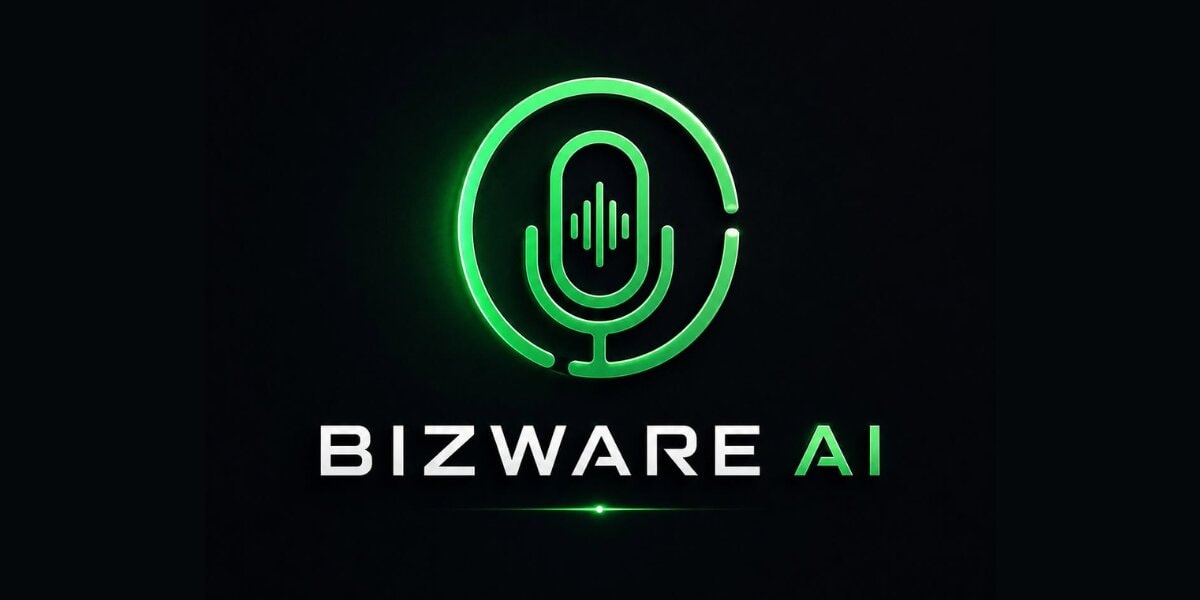 Glowing green microphone logo above “BIZWARE AI” text on a black background.