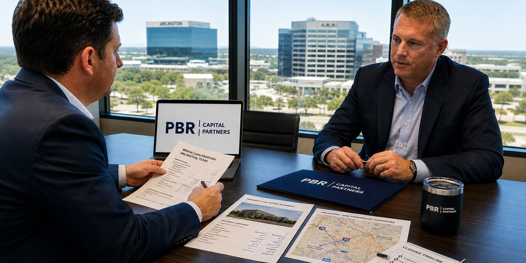 Business meeting discussing commercial real estate financing with PBR Capital Partners materials displayed in a modern office overlooking Arlington.