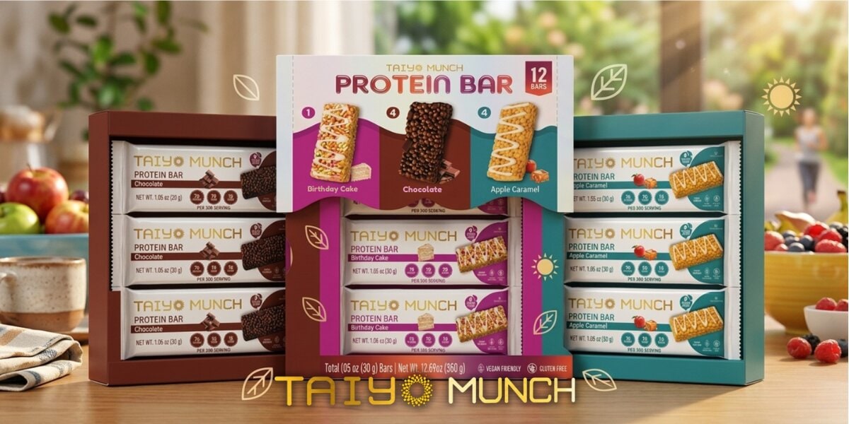 Assorted Taiyo Munch protein bars displayed in gift-style box, featuring Birthday Cake, Chocolate, and Apple Caramel flavors.