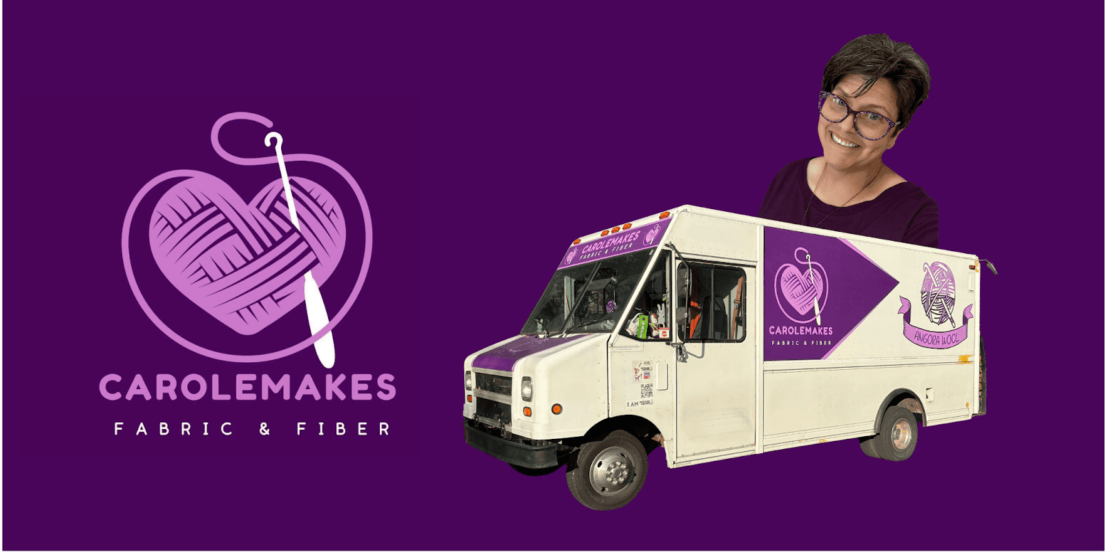 CaroleMakes Yarn Truck logo featuring a yarn ball and crochet hook, with Carole smiling beside the mobile shop.