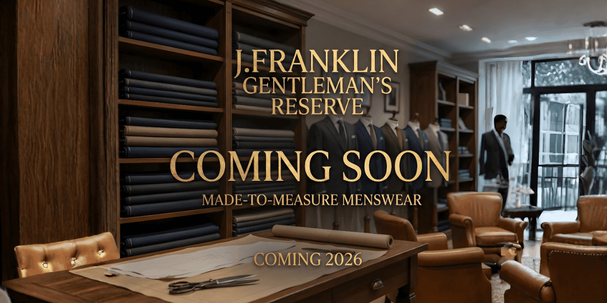 "J. Franklin Reserve offers bespoke made-to-measure menswear, emphasizing precision tailoring, timeless design, and personalized luxury for modern gentlemen."