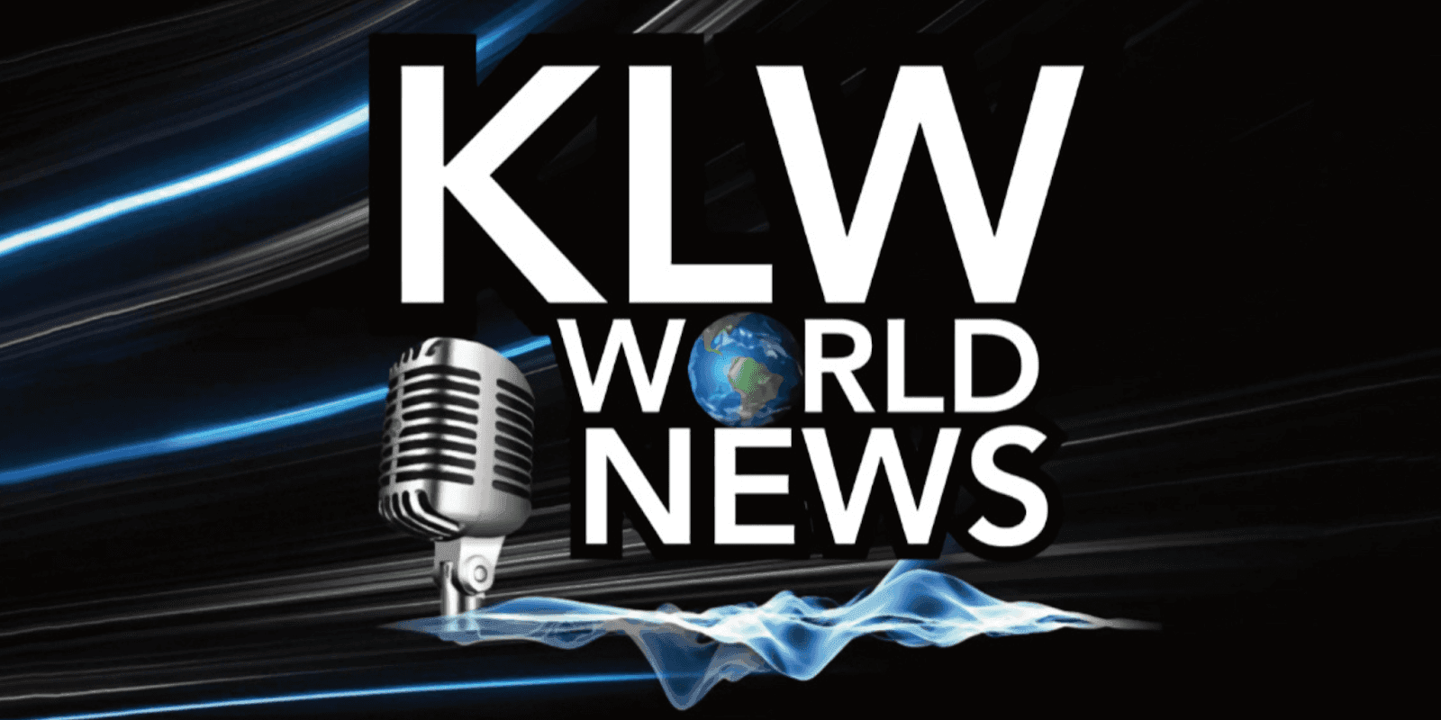 A KLUW World News logo featuring a microphone, with blue light effects and a globe in the background, representing real-time global news coverage.