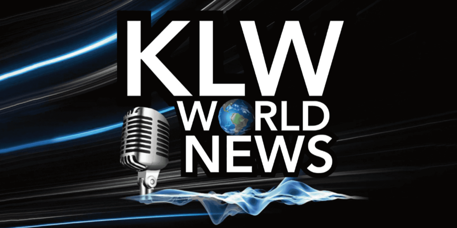 A KLUW World News logo featuring a microphone, with blue light effects and a globe in the background, representing real-time global news coverage.