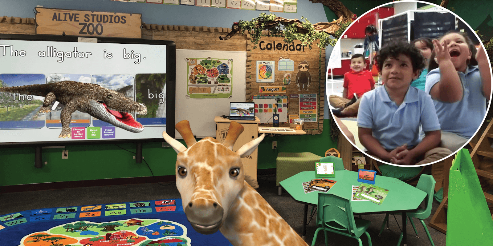 Augmented reality zoo animals engage Pre-K students in early literacy lessons in a vibrant, interactive classroom.