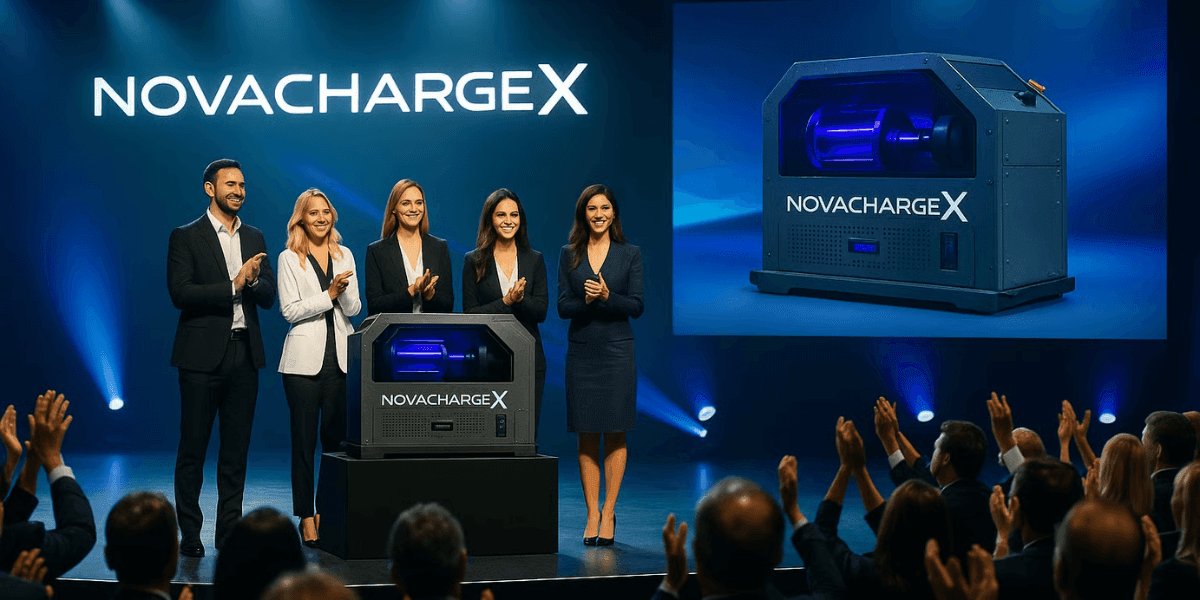 "Business team unveiling NovaChargeX battery technology at product launch event with applause from audience, showcasing innovative clean energy charging solution."