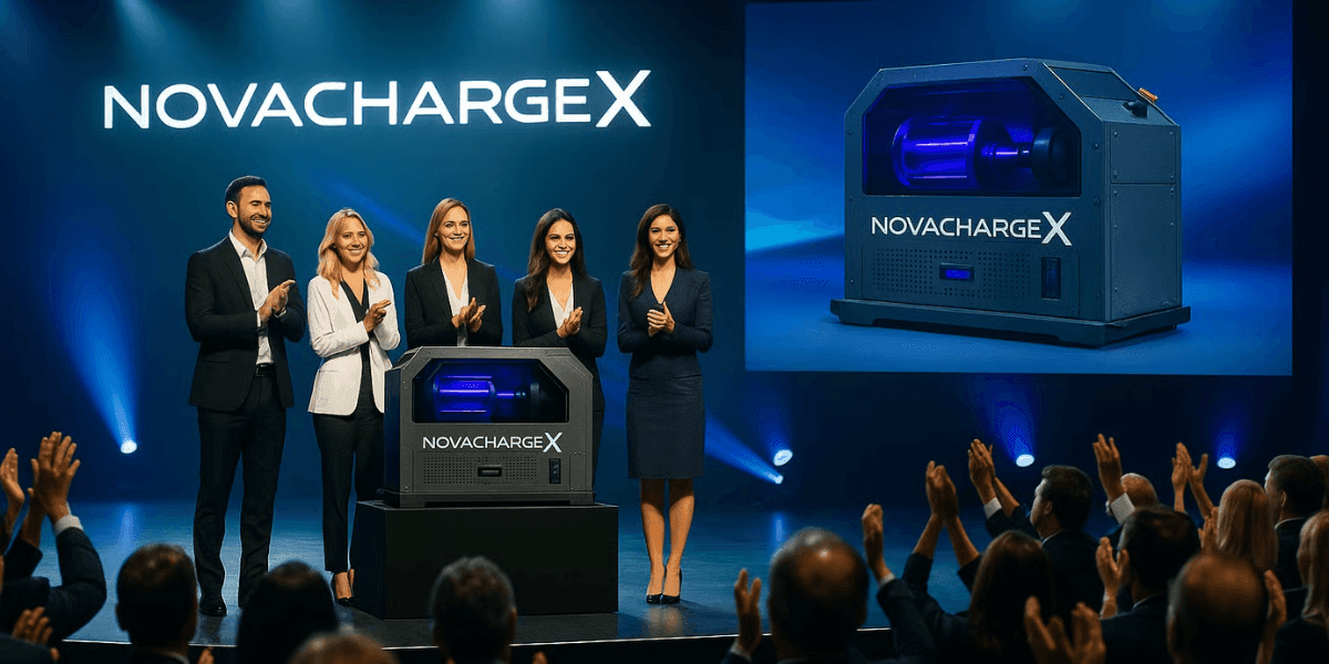 "Business team unveiling NovaChargeX battery technology at product launch event with applause from audience, showcasing innovative clean energy charging solution."