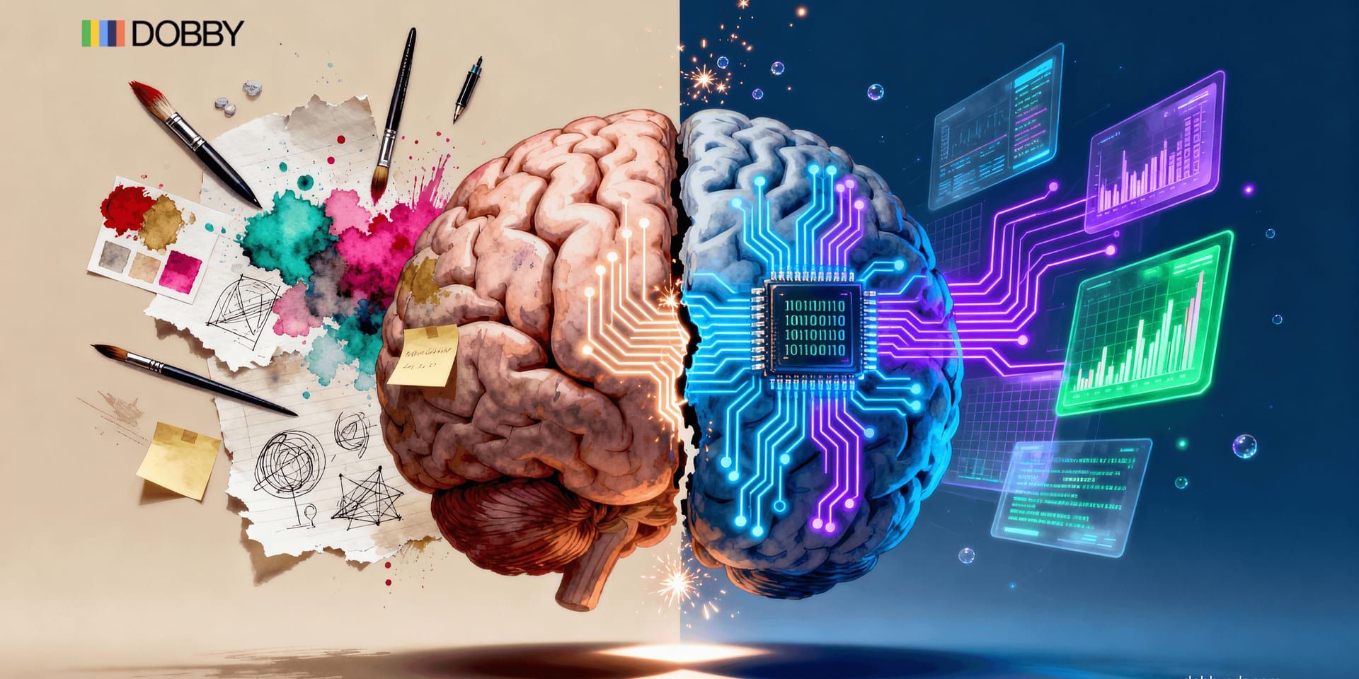 Creative split of brain: one side filled with artistic chaos, the other with AI-powered digital precision, symbolizing innovation.