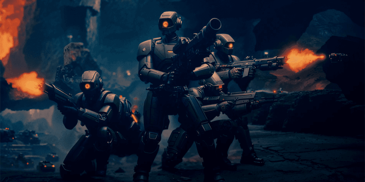 "Highly armored robots armed with powerful weapons, engaged in a dramatic battle scene with fiery explosions in a dark, rocky environment."