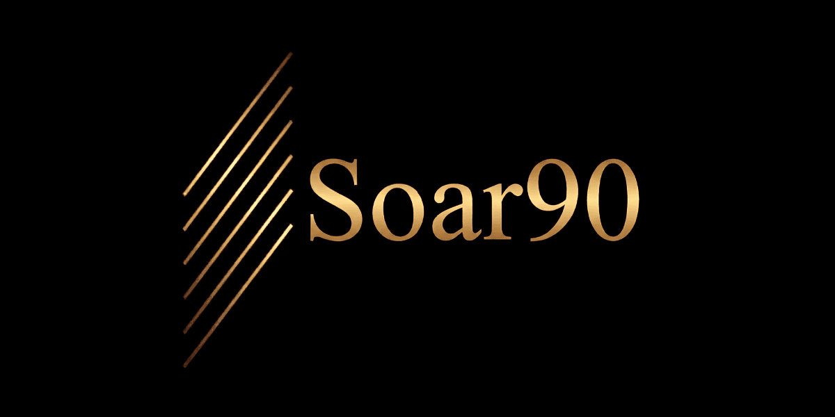 Soar90 logo in gold lettering with a geometric line symbol against a black background.