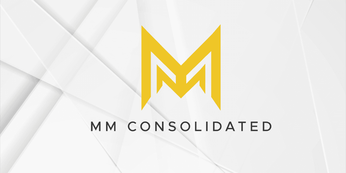MM Consolidated logo with a modern design in yellow on a white geometric background, featuring bold 'M' letters and sleek font for the company name.