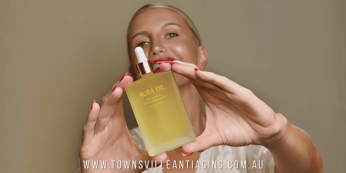 Nicole Shir showcasing Aura Oil, a luxurious organic skincare product promoting hydration and simplicity.