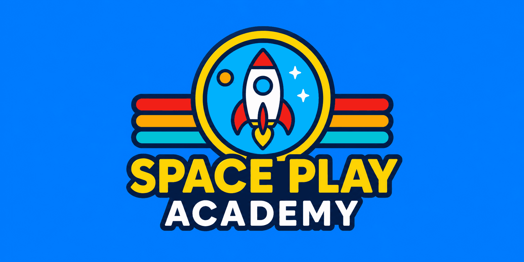 Space Play Academy logo featuring a rocket ship on a bright blue background.