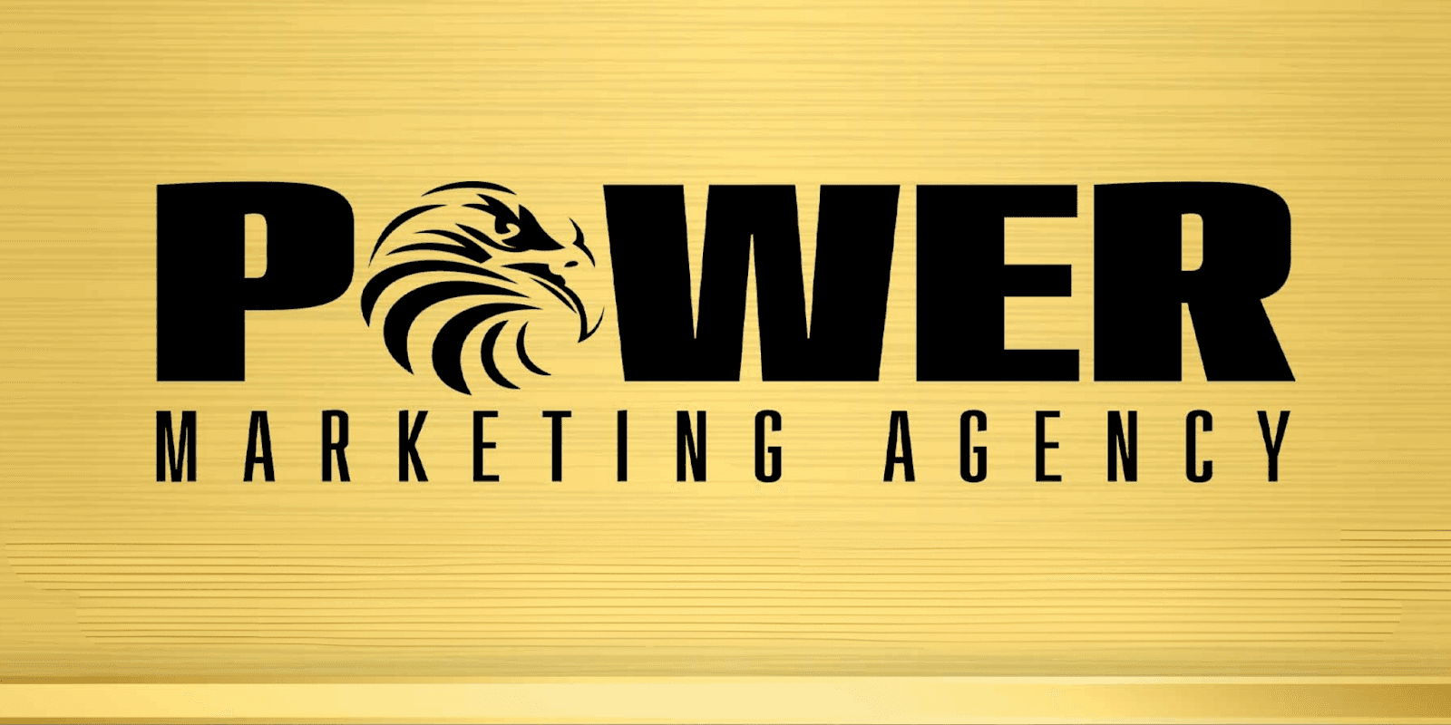 "Logo of Power Marketing Agency, featuring bold, large 'POWER' lettering with a lion's mane design, set against a sleek gold background for a professional and powerful branding look."
