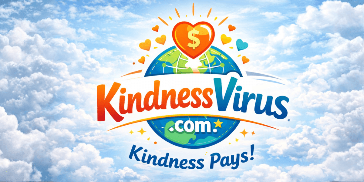 KindnessVirus.com logo promoting the idea that kindness pays and spreads positivity globally.