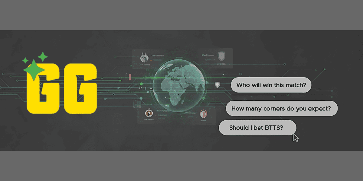 Predictions.GG logo with AI-driven football match predictions, including questions on match results, corners, and betting options.
