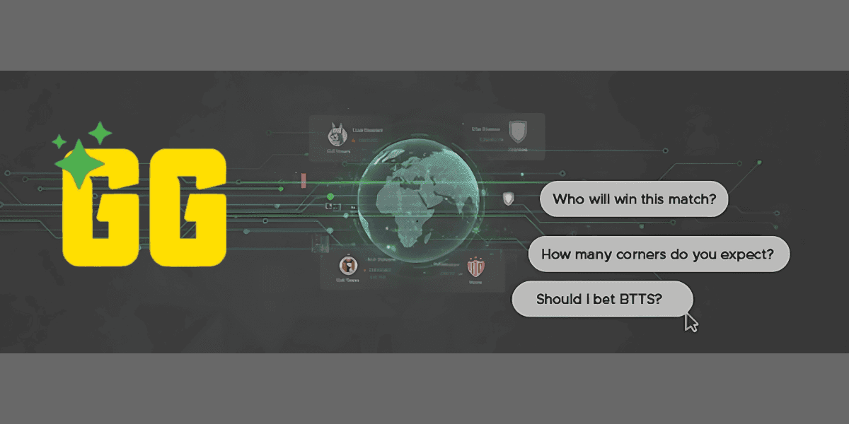 Predictions.GG logo with AI-driven football match predictions, including questions on match results, corners, and betting options.