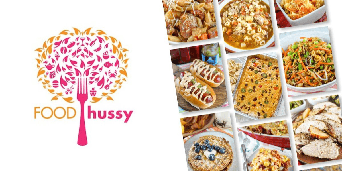Collage of Food Hussy logo and popular homemade recipes including pasta, soup, hot dogs, casseroles, and grilled meats.