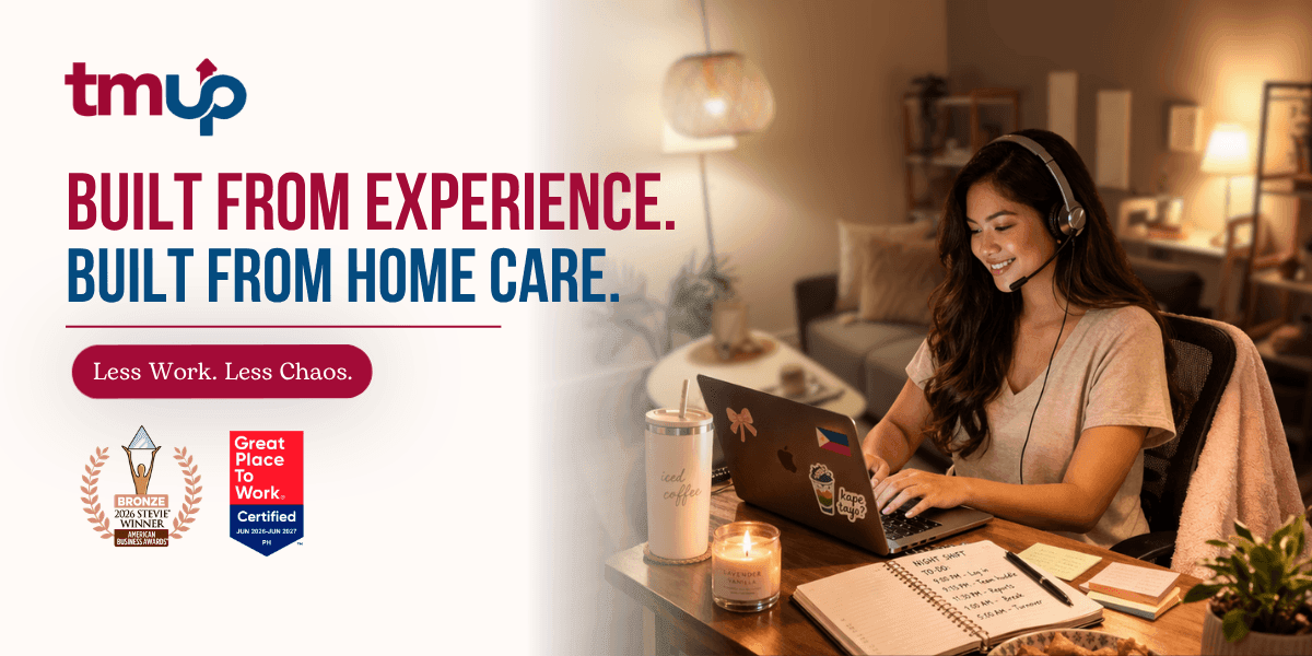 TeamUp promotional graphic featuring a remote home care support specialist working at a laptop.