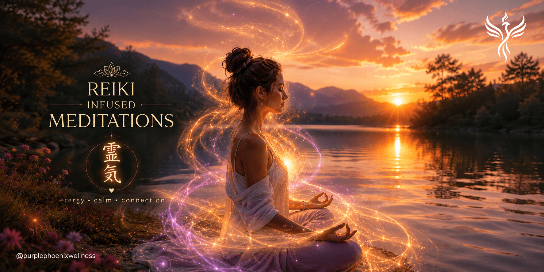 Woman meditating beside a lake at sunset with glowing light effects and Purple Phoenix Wellness branding.