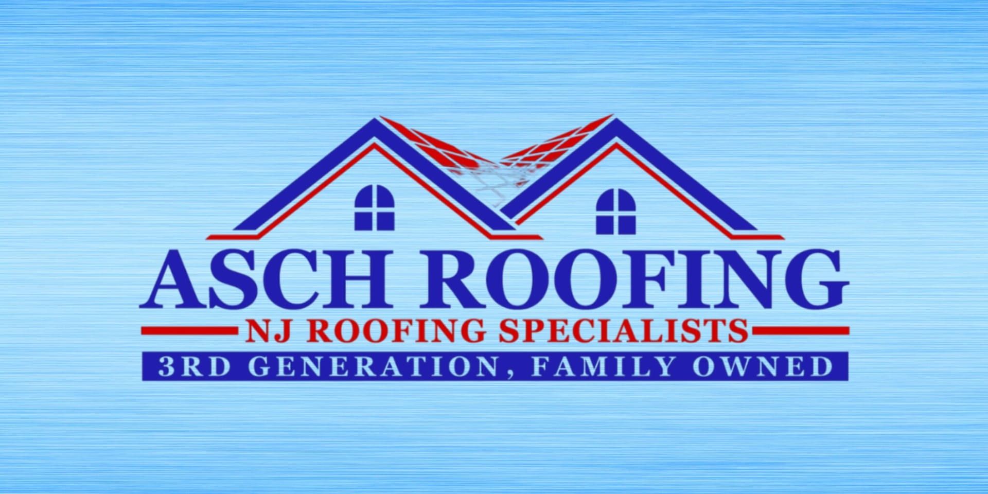 Asch Roofing logo with roofline graphic and text: NJ Roofing Specialists, 3rd Generation, Family Owned.