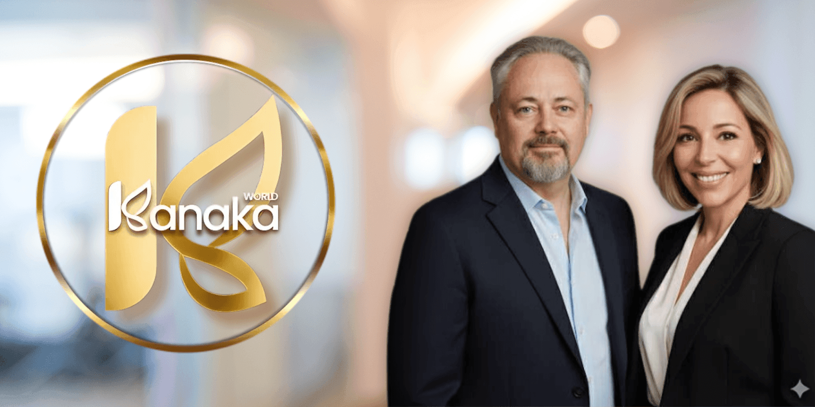 Yannick Zoude and Elza Toubol Dedieu, founders of Kanaka World, smiling together with the Kanaka logo in the background.