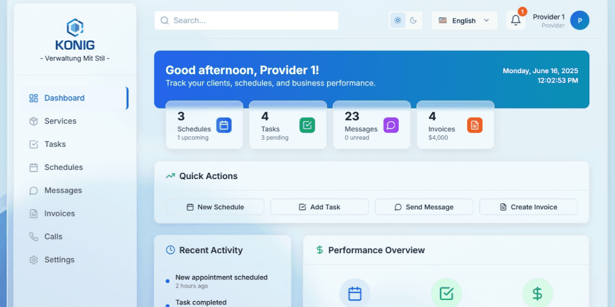 CRM König dashboard showcasing client management, task tracking, invoicing, and business performance metrics for service-based businesses.